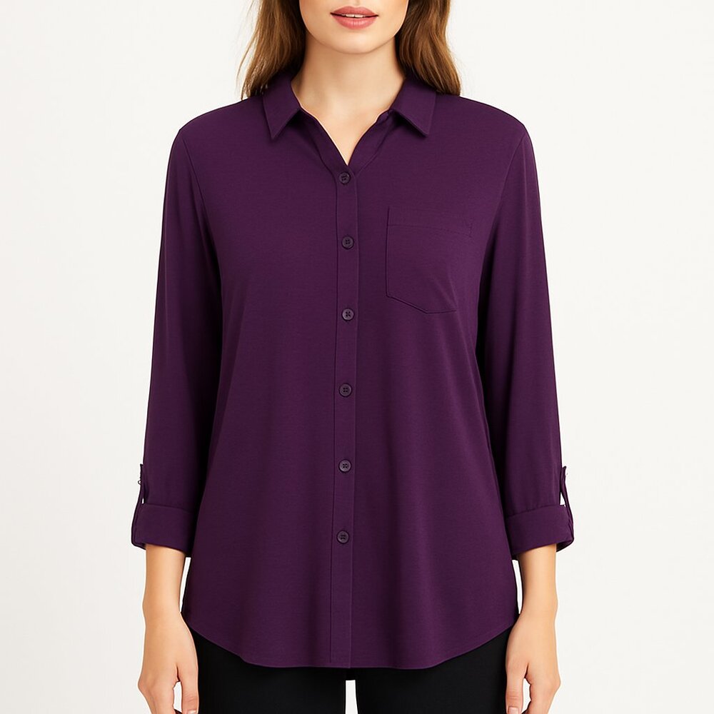 Emerald (NWT) Purple Button-Down Shirt Blouse Lightweight Roll Tab Sleeve M